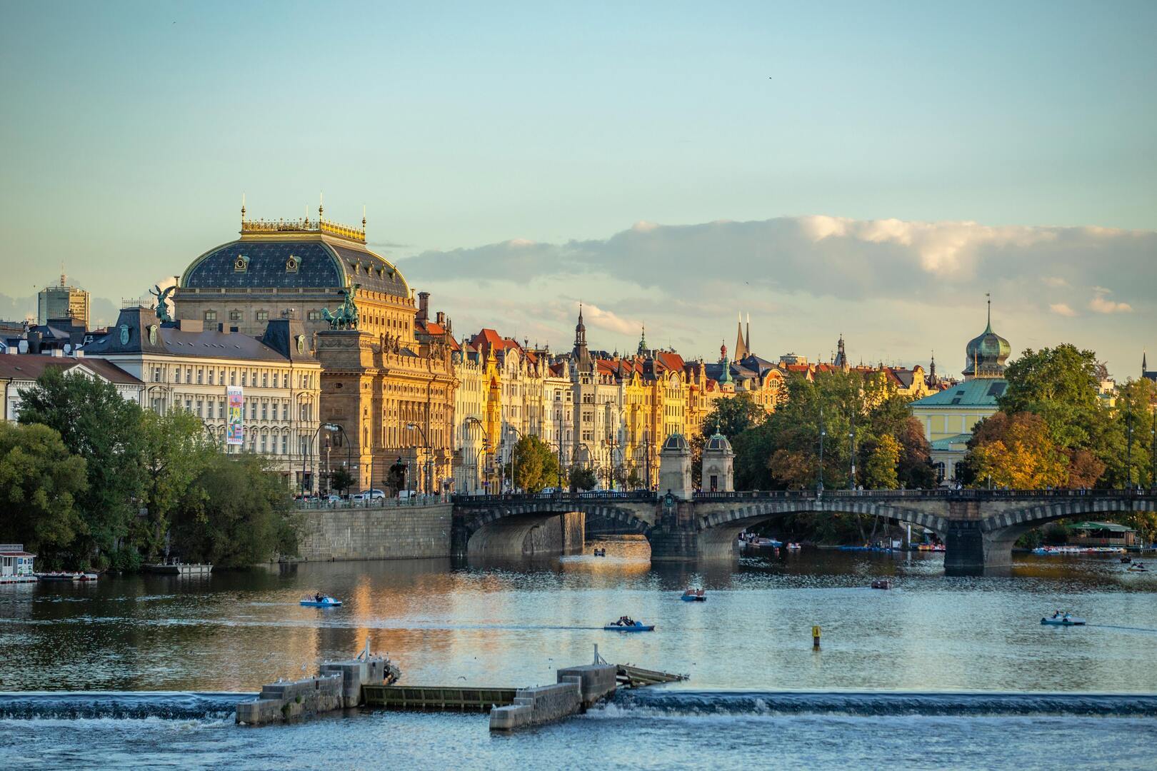 Prague's National Theatre at sunset
