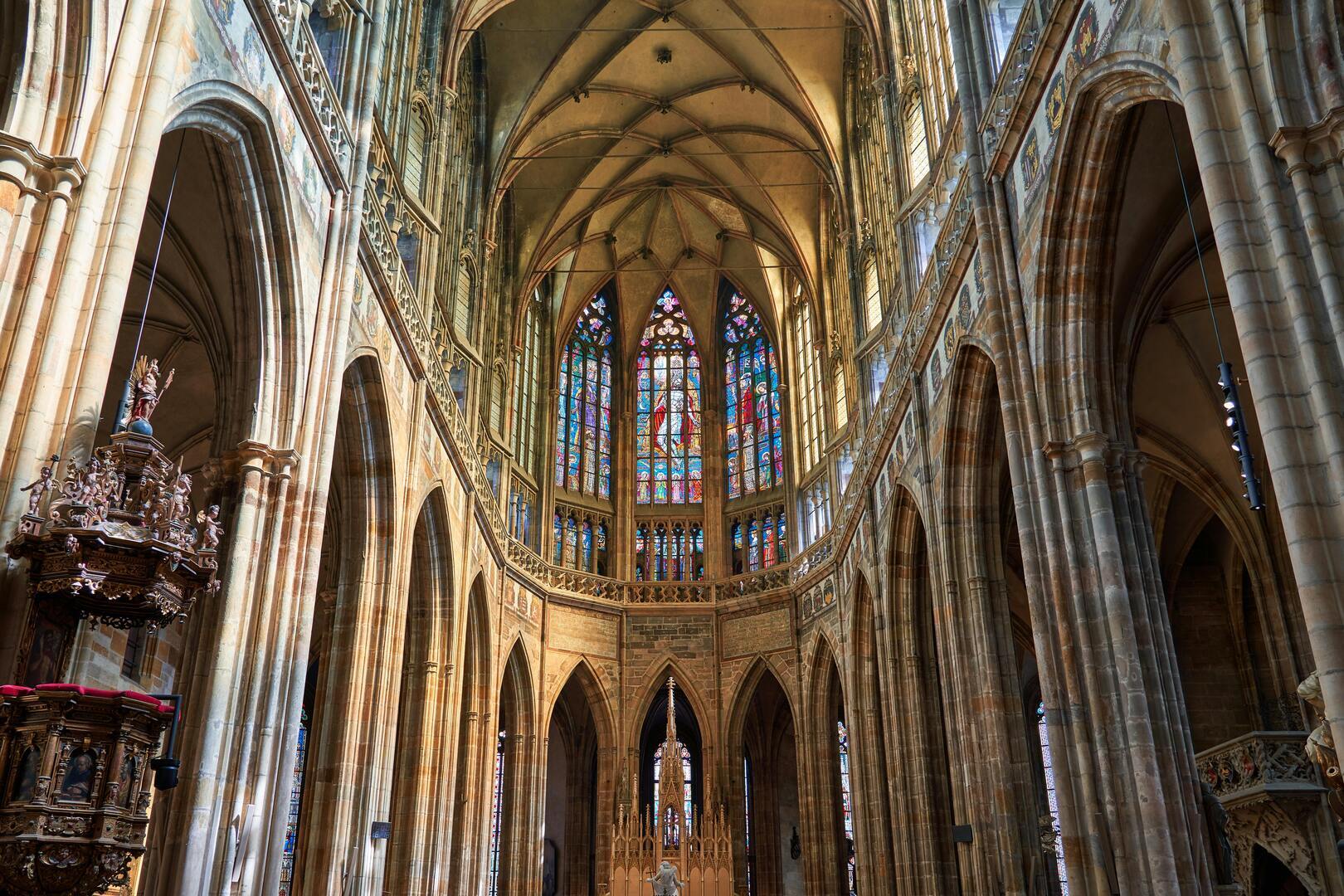 Interior of St. Vitus Cathedral with Gothic vaulting